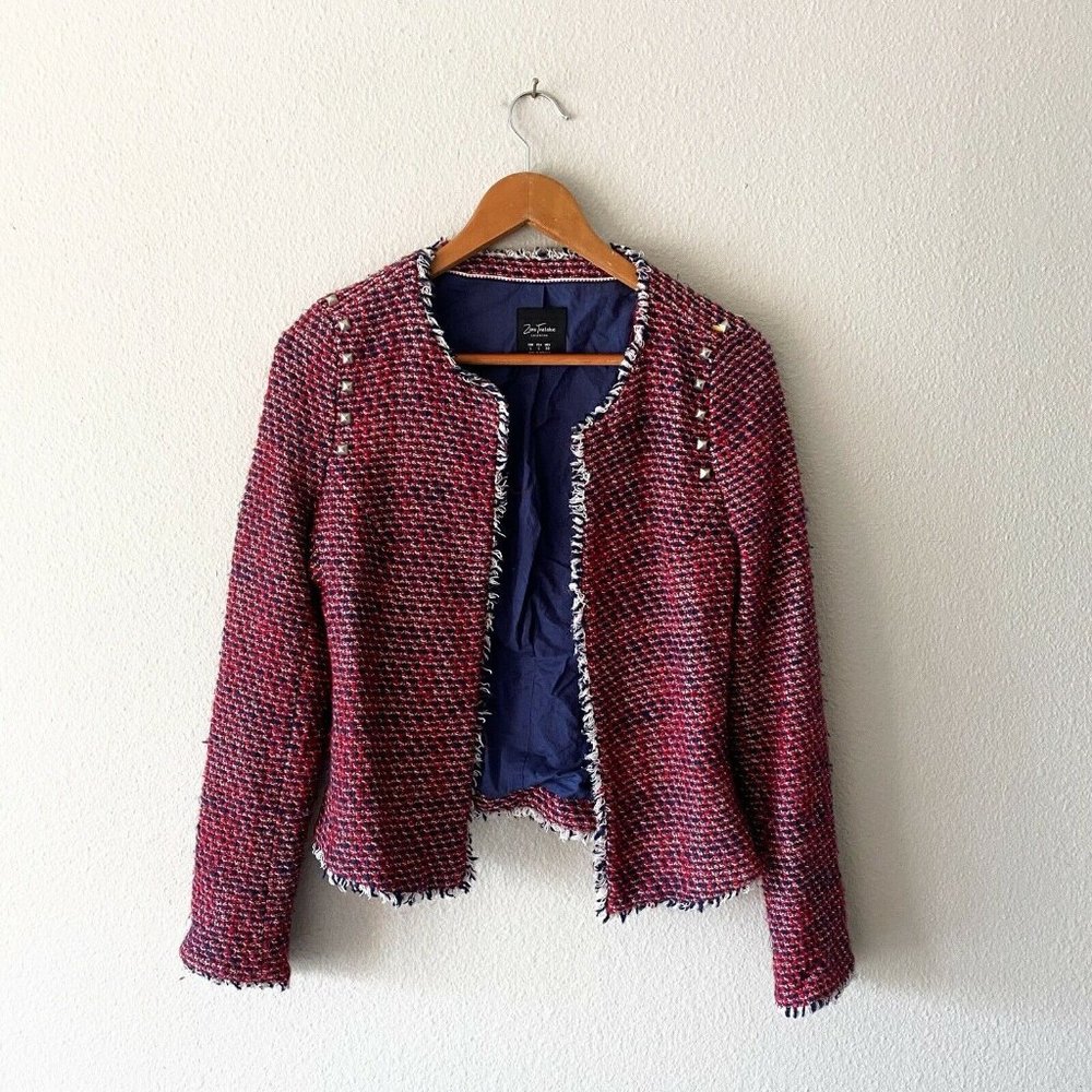 Zara Trafaluc red blue studded jacket frayed cotton acrylic L - Picture 1 of 9